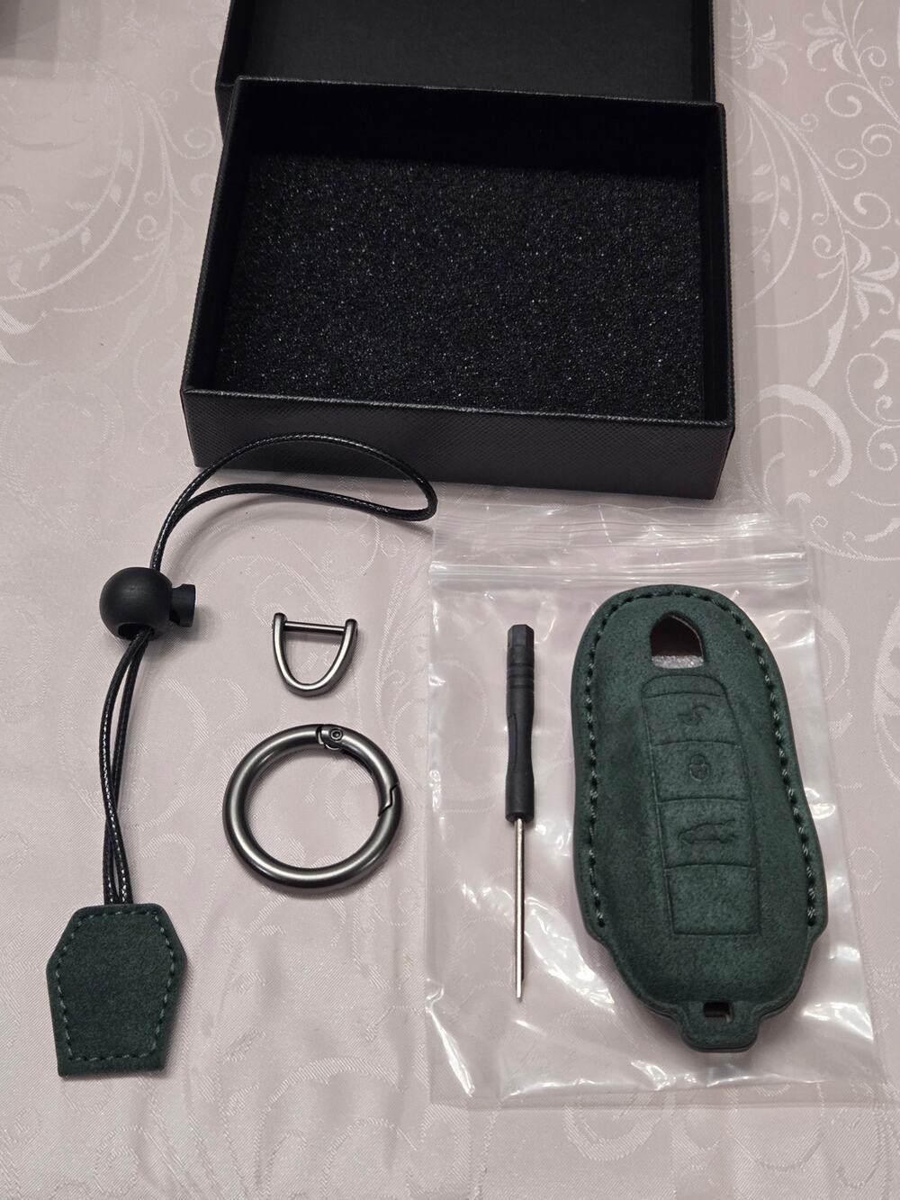 Porsche Suede Leather Key Fob Cover Case Green w/ Keychain New Open Box